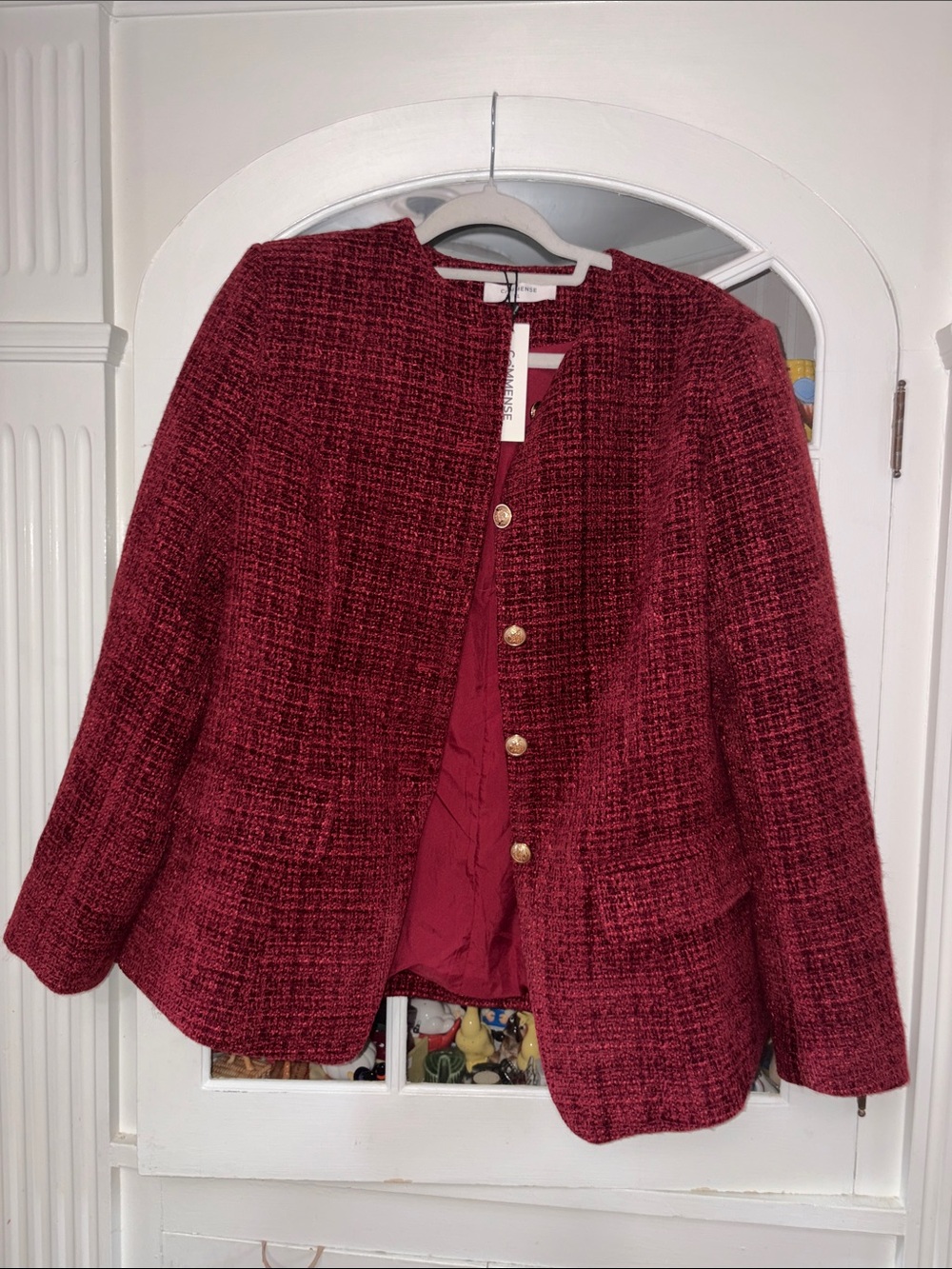 NWT Commense Wine-Red Tweed Blazer with Gold Buttons XL